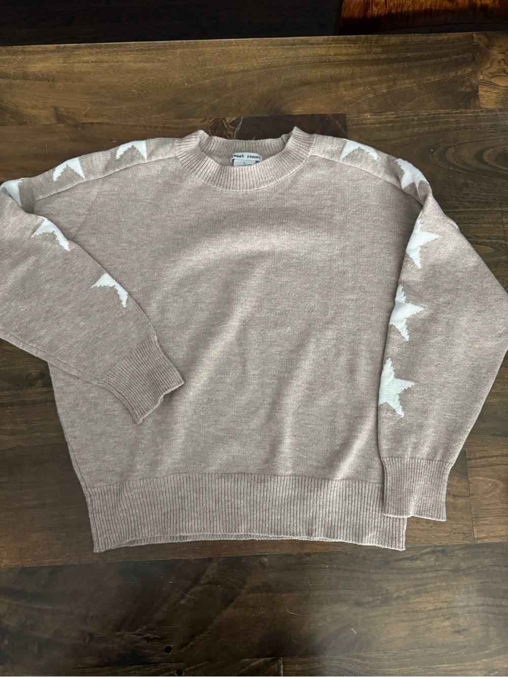 Sweet Romeo Taupe Crewneck Sweater with White Star Sleeves